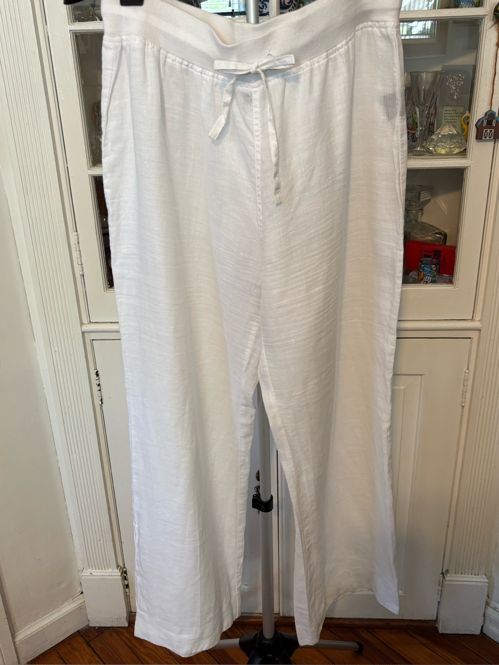 August Silk White 100% Linen Elastic & Drawstring Wide-Leg Pants